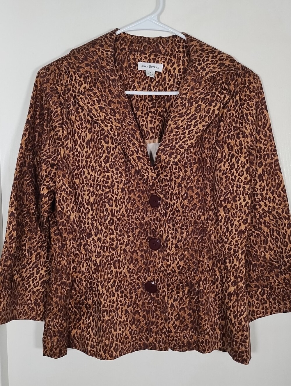 Joan Rivers Animal Print Blazer Jacket Women M Brown 3 Button 3/4 Sleeve Stretch